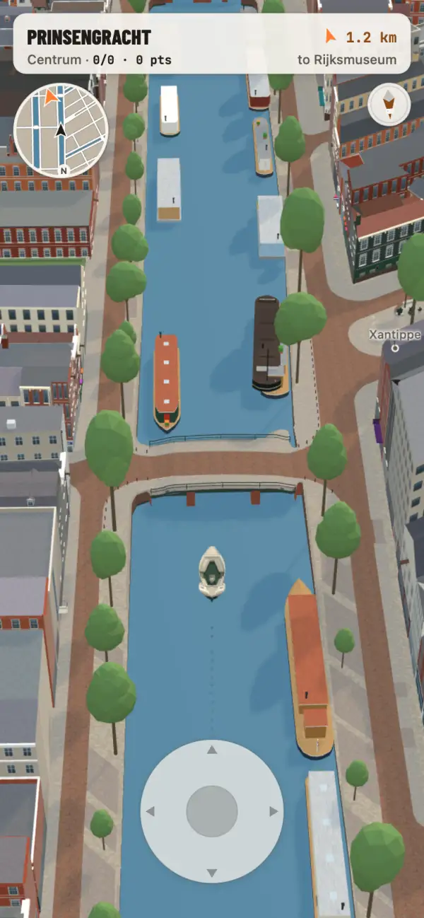 Canal Recall on a phone: a boat on the Prinsengracht, with the on-screen steering pad